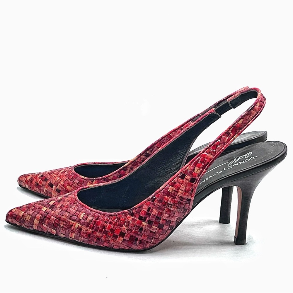 Donald J. Pliner Cain Red Beige woven Leather Sling Back Heeled Shoes 7.5M - Picture 4 of 9